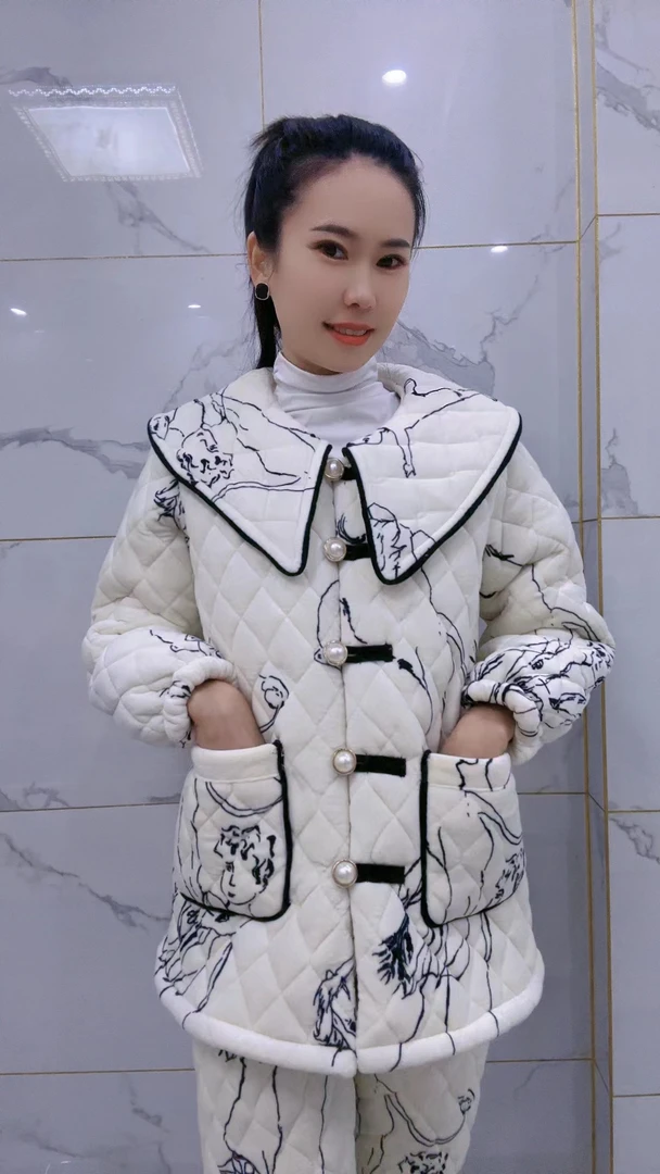 原创水墨画三层夹棉加厚外出穿家居服2126