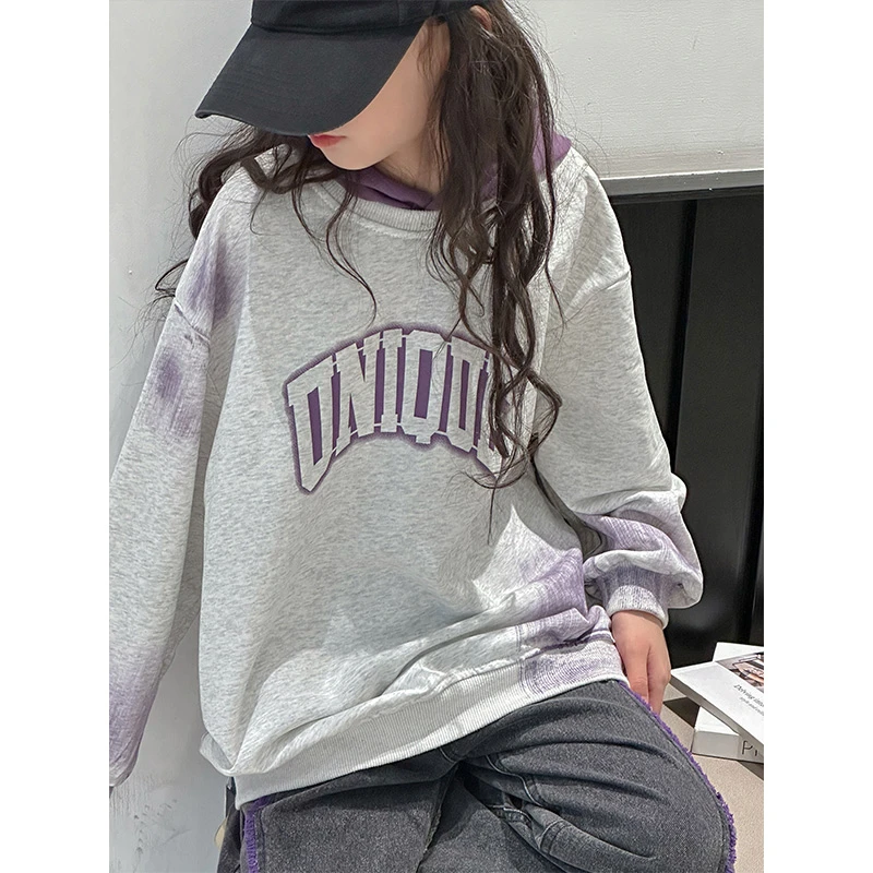 K25942孙小美喷印撞色女童卫衣春秋装2025新款宽松连帽上衣潮