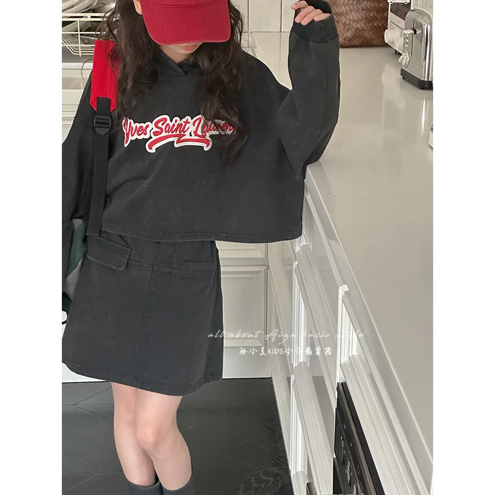 K25838磨白水洗女童卫衣套装裙春装新款2025大童儿童春秋两件套潮