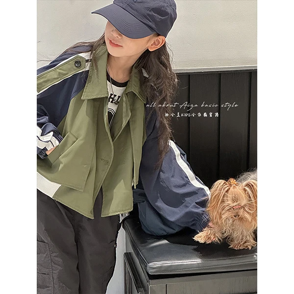 K24194韩国童装拼色女童外套儿童短款上衣春装新女孩洋气休闲夹克