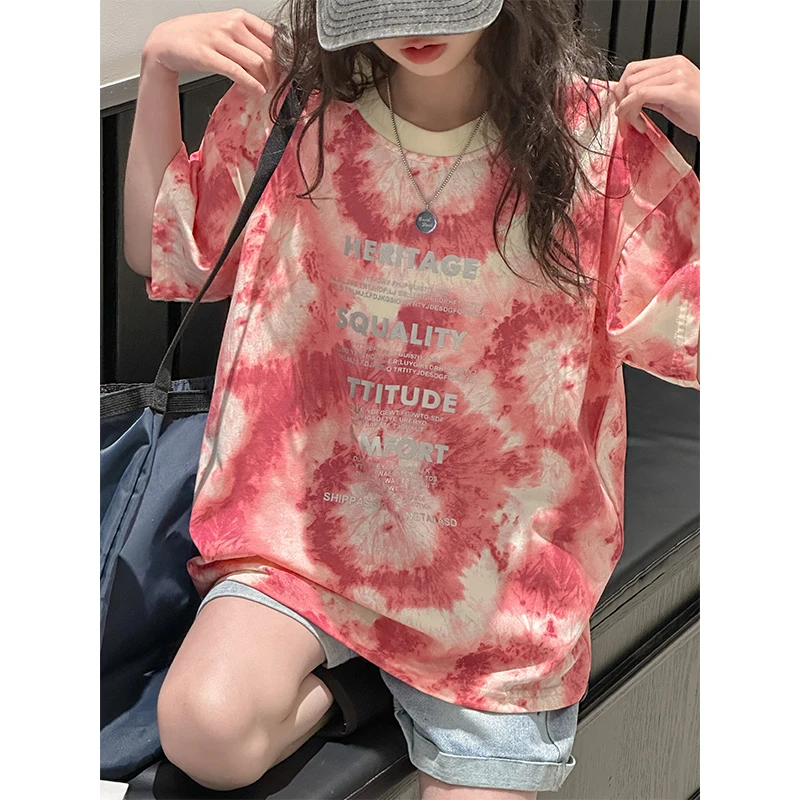 K26647扎染女童夏装短袖T恤2025新款儿童上衣大童宽松半袖打底衫t