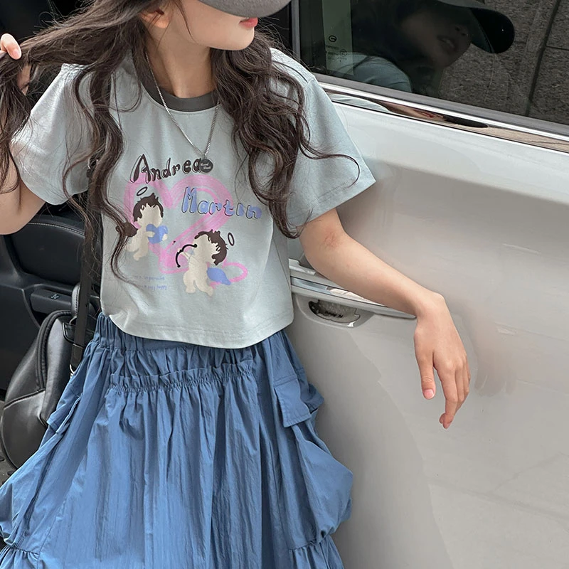 K25927韩国童装女童夏季短袖T恤儿童短款上衣2025新款修身打底衫t