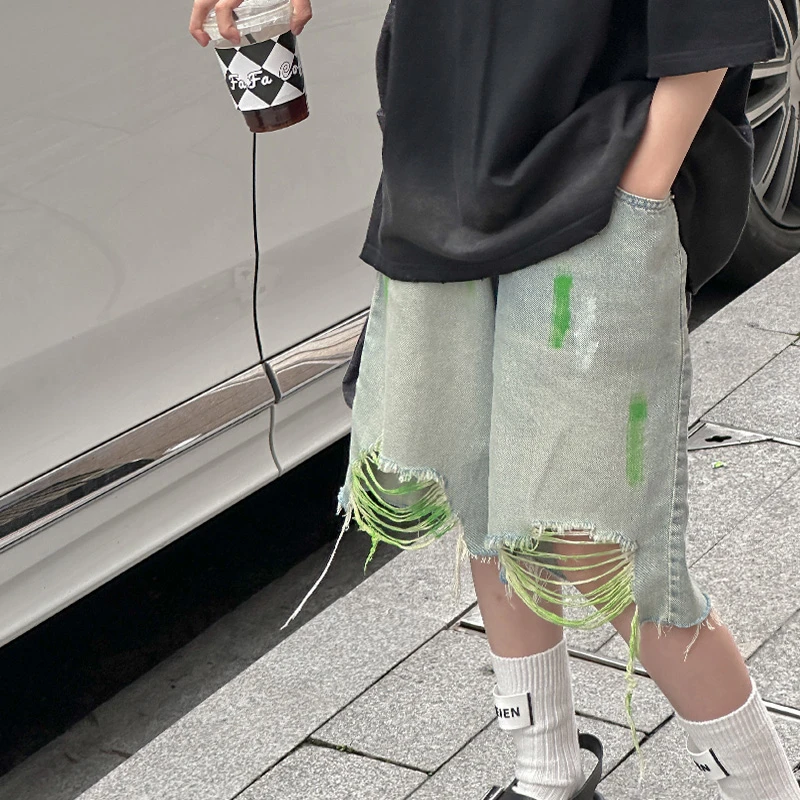 K26371破洞女童夏装牛仔短裤2025新款儿童裤子洋气休闲裤五分裤潮
