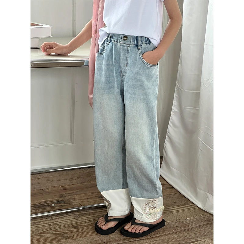 K26162刺绣女童烟管牛仔裤2025春装新款儿童裤子春夏直筒裤长裤薄