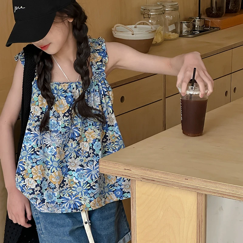 K24093女童碎花背心2025夏新款儿童娃娃衫女孩沙滩吊带上衣小衫薄