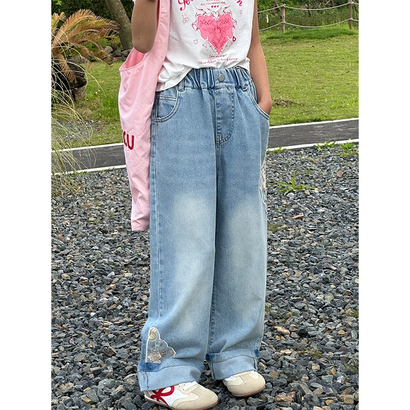 K26047花边刺绣女童夏季牛仔裤2025新款儿童裤子女孩宽松休闲裤薄