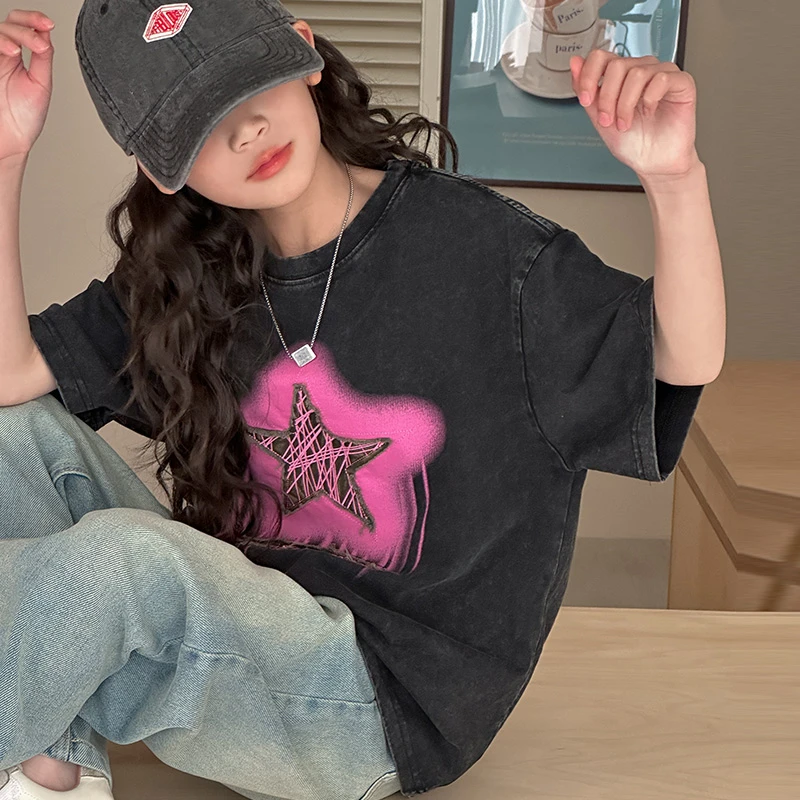 K25705五星贴布女童短袖T恤夏装新款2025韩版儿童上衣女大童春夏t