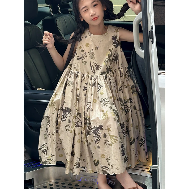 K26476水墨画女童夏季连衣裙无袖裙子2025新款女孩背心裙A字裙潮