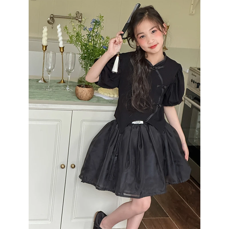 K26170女童春装套装2025新款儿童上衣裙子女孩国风复古短袖蓬蓬裙