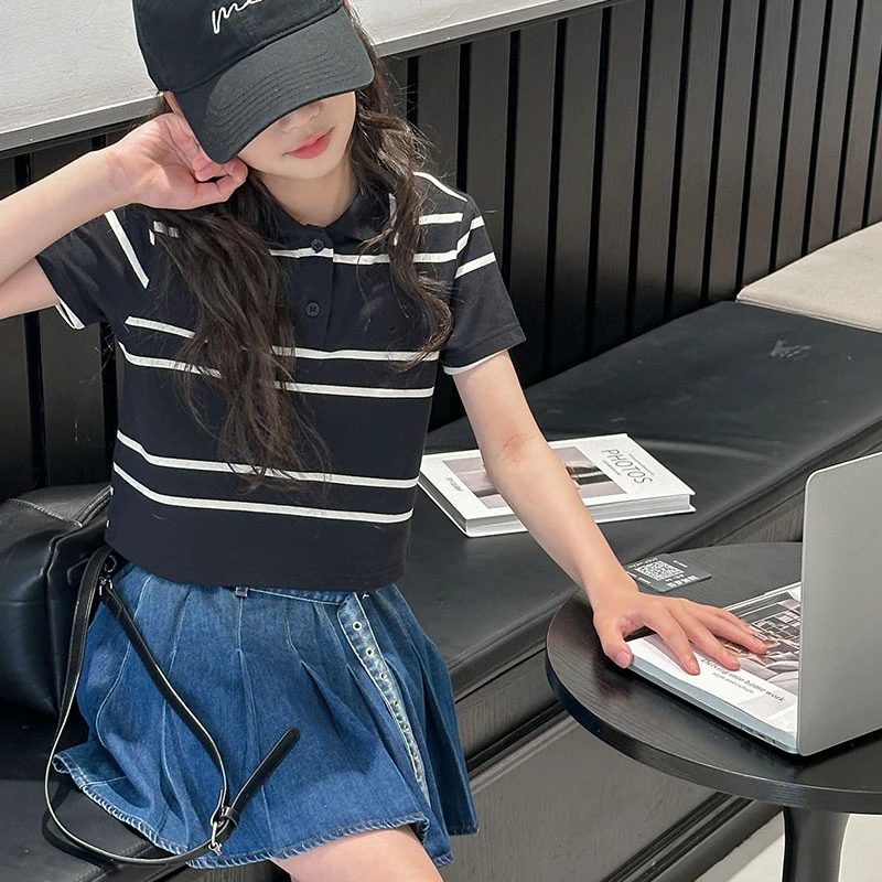 K26419韩国女童夏季polo衫短袖2025新款儿童条纹上衣洋气休闲T恤