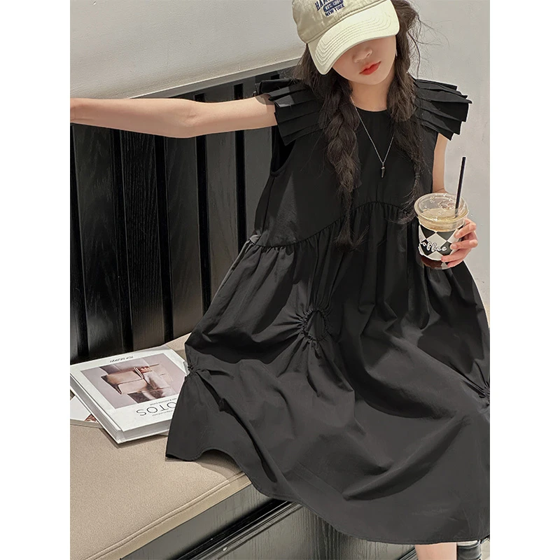 K26054琴褶设计女童连衣裙2025新款夏季高级感儿童短袖裙子A字裙