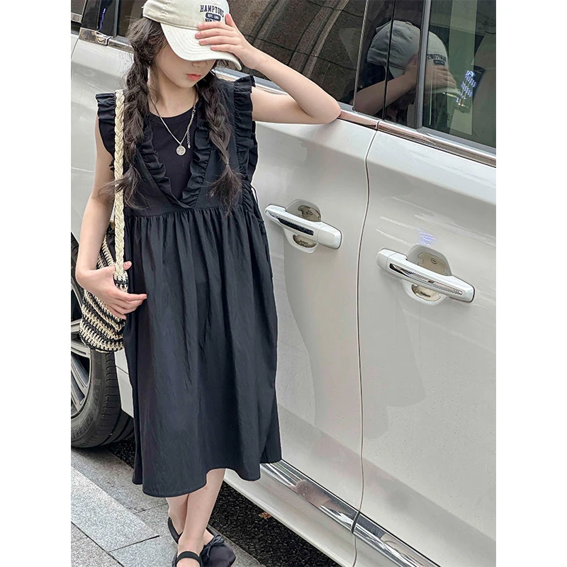 K25923木耳边V领女童连衣裙2025夏季新款儿童无袖裙子A字裙长裙潮