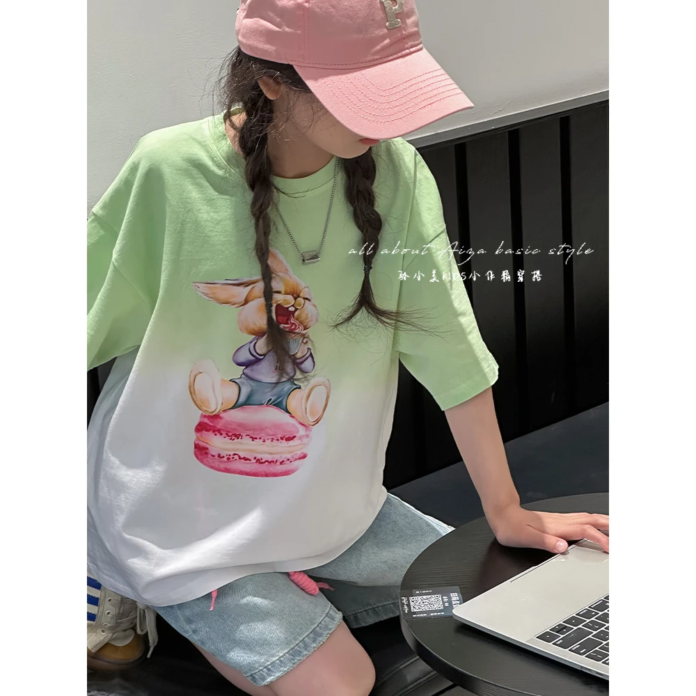 K24029设计师新款女童渐变儿童短袖上衣2025夏装宽松韩国童装体恤