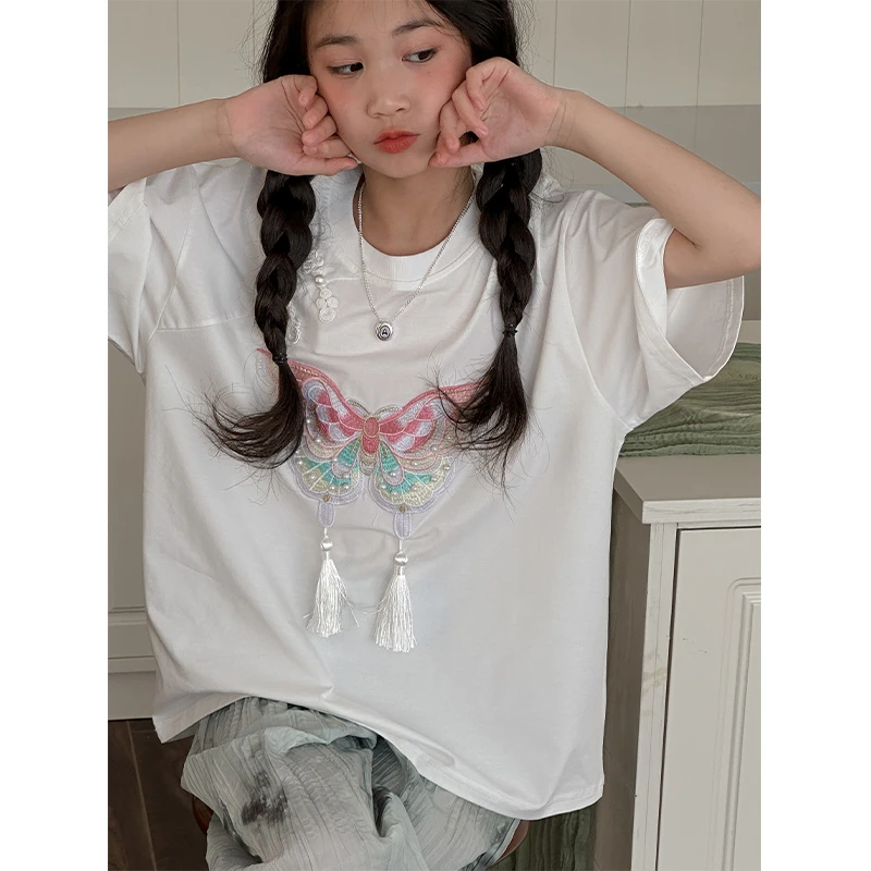 K26089民国风绣花女童夏装短袖2025新款儿童T恤女大童上衣女孩潮t