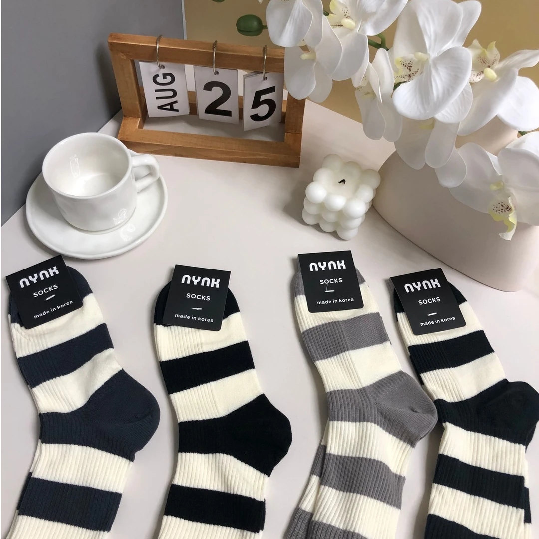 然宝家横条纹螺纹纯棉男款中筒袜