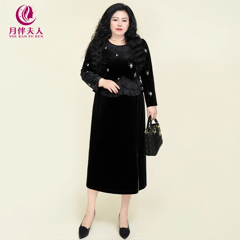 月伴夫人 2024秋季新款大码新款刺绣高级感拼接木耳边连衣裙3293