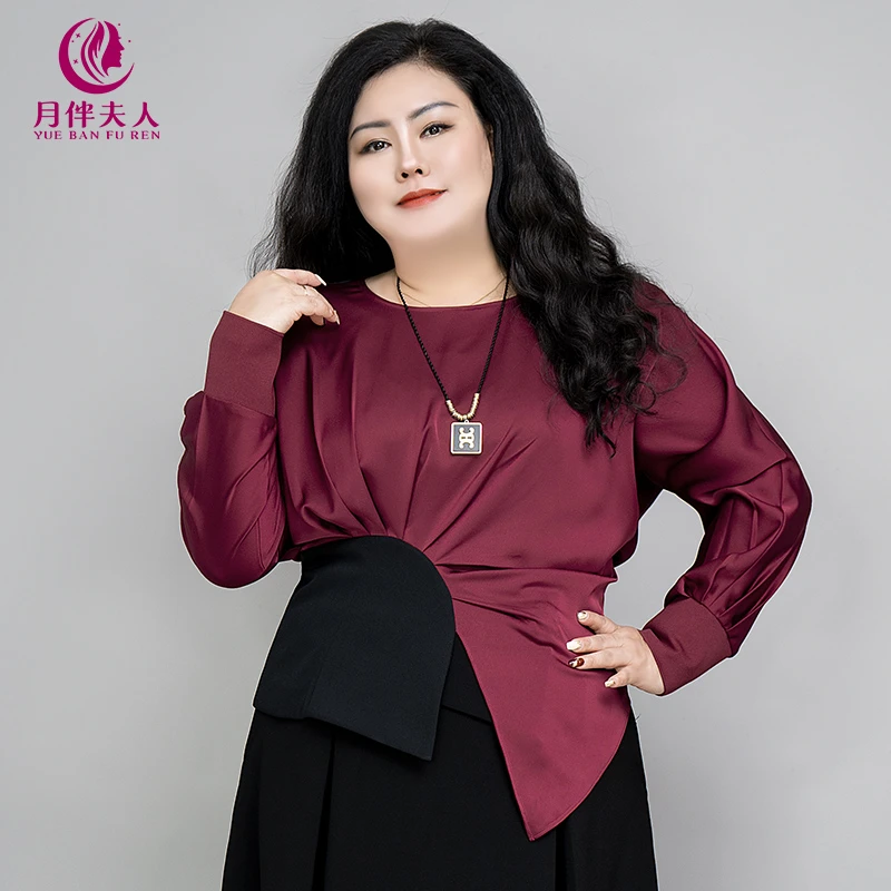月伴夫人 2024秋冬季新款大码圆领知性气质拼接套头衬衫女6299