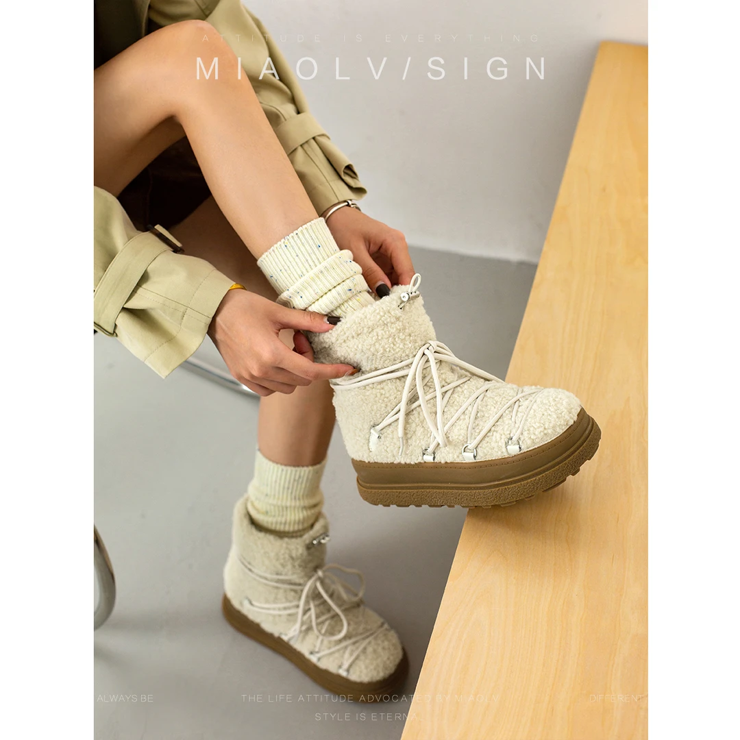【游鹿鹿】「妙侣」厚底白色雪地靴女冬季加绒毛毛靴保暖棉鞋短靴保暖