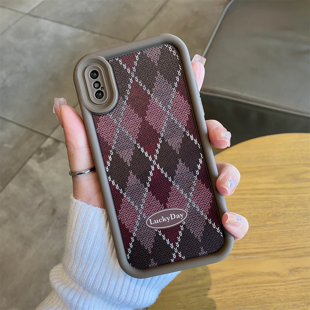适用于苹果X/XS撞色菱格纹手机壳防摔天眼阶梯小众复古时尚不撞款