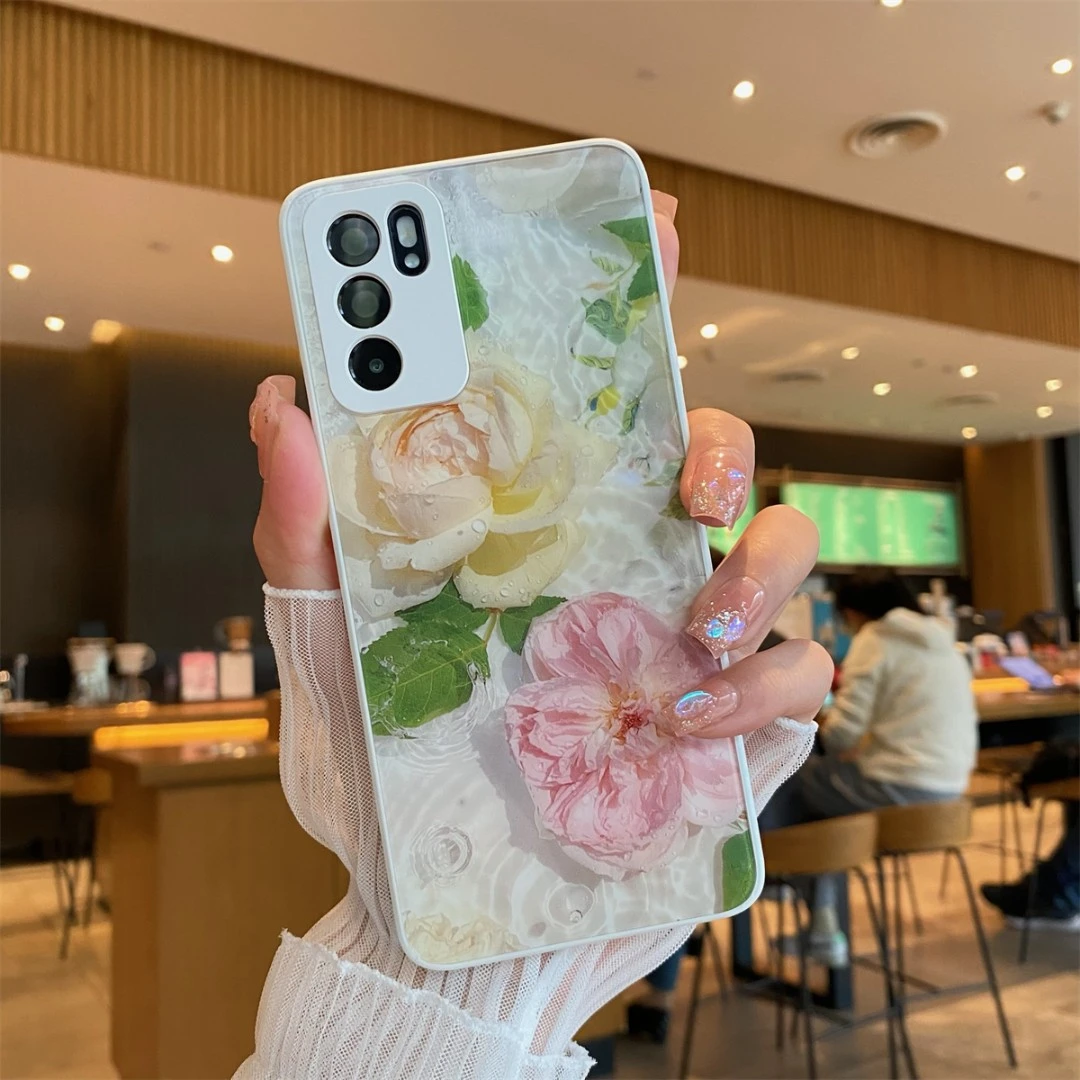 适用于OPPO Reno6-水中绽放玻璃【白边】全包防摔手机壳