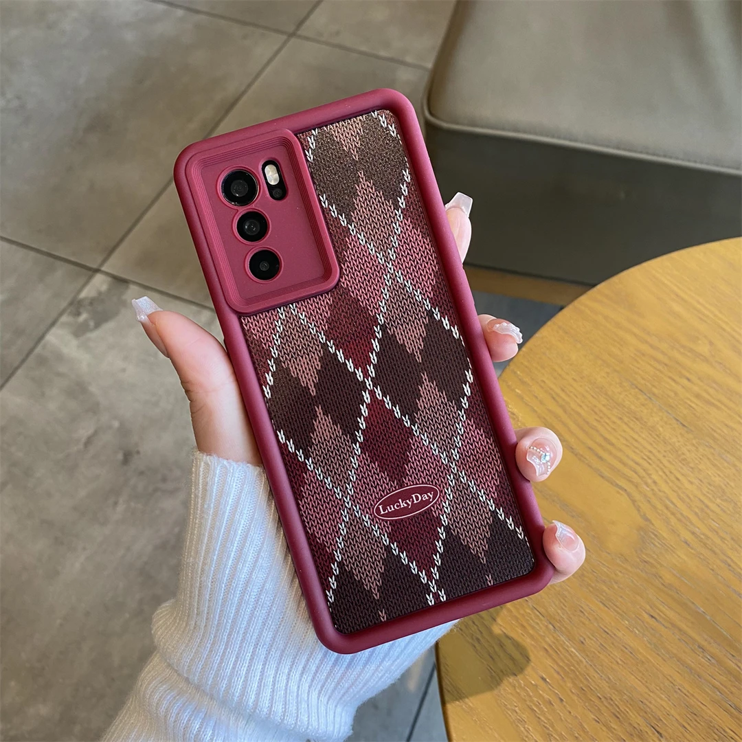 适用于OPPO Reno6 Pro拼色菱格纹手机壳防摔天眼阶梯复古小众保护