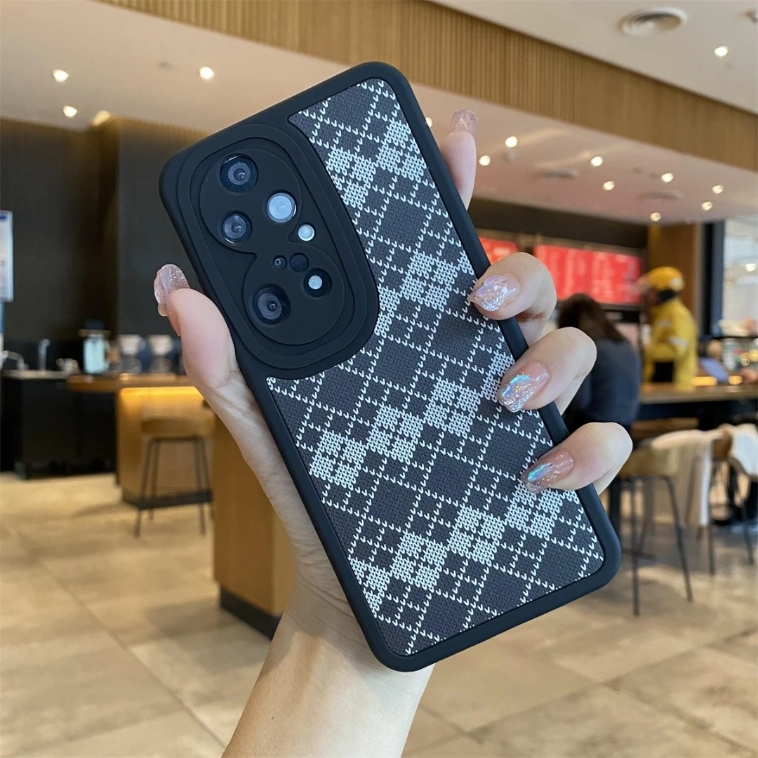 适用于华为P50pro-贴皮菱格纹【黑色】-全包防摔硅胶软壳