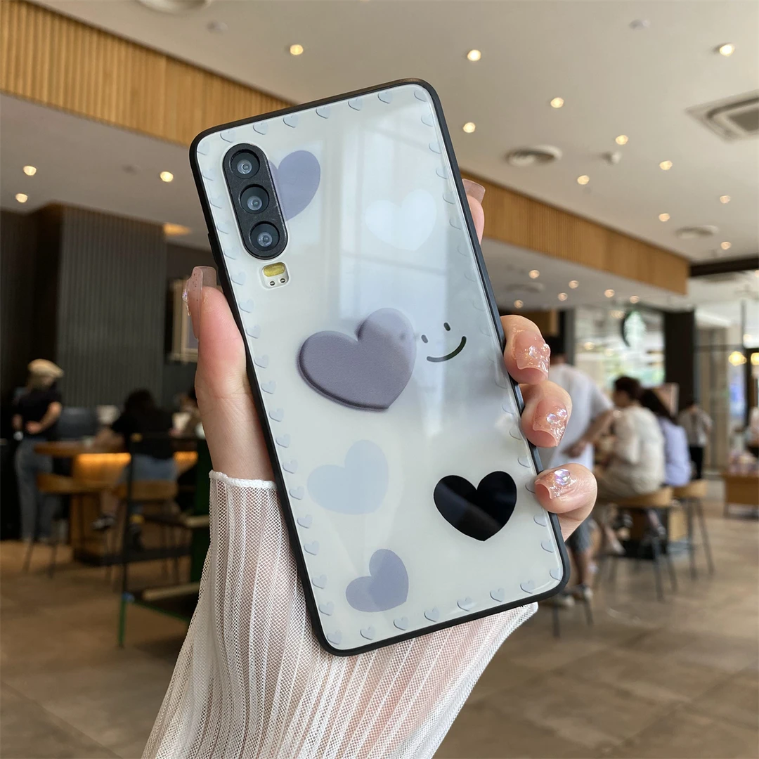 适用于华为P30笑脸爱心黑边手机壳防摔简约高级创意玻璃保护壳