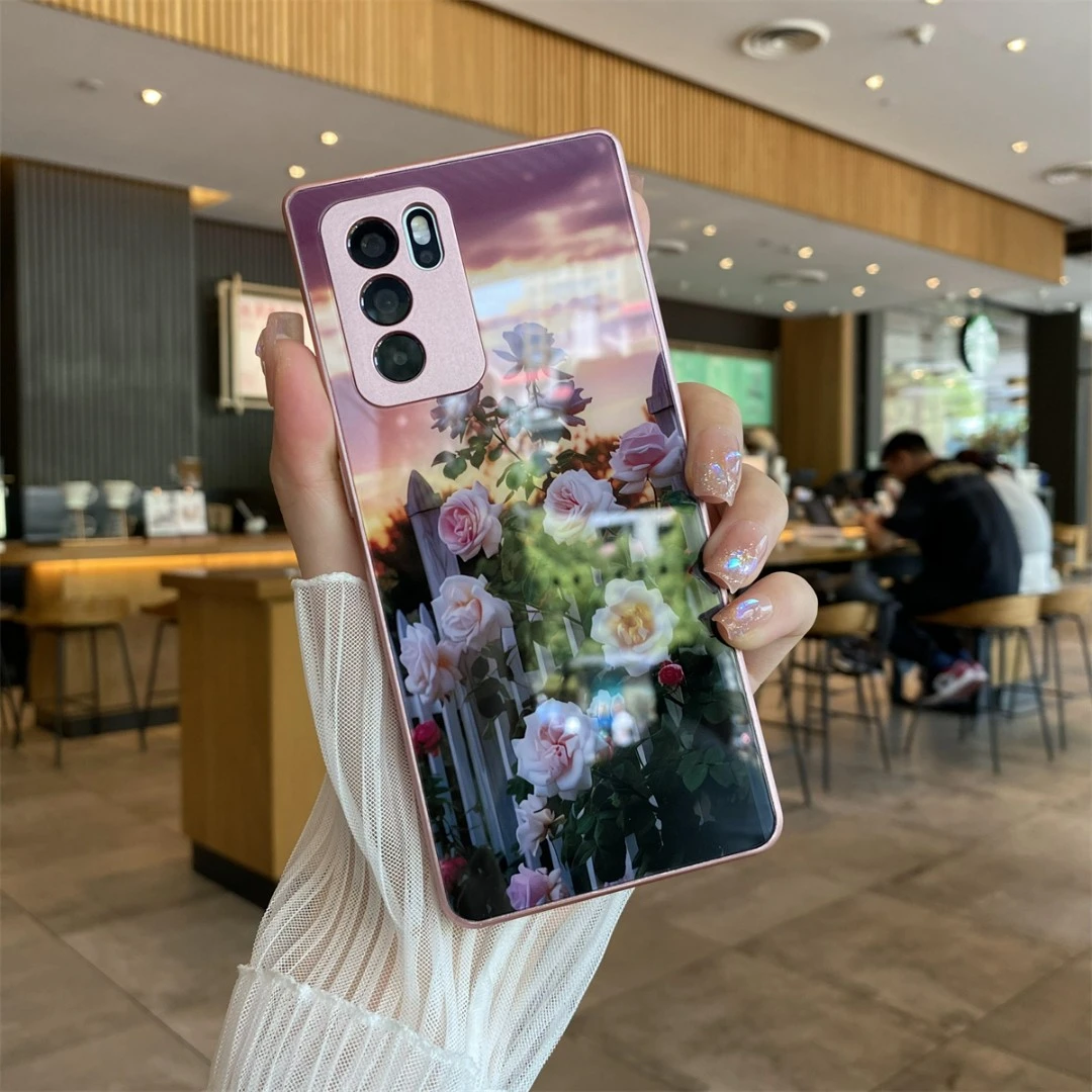 适用于OPPO Reno6pro手机壳全包边防摔不撞款唯美玻璃壳花朵XYMG