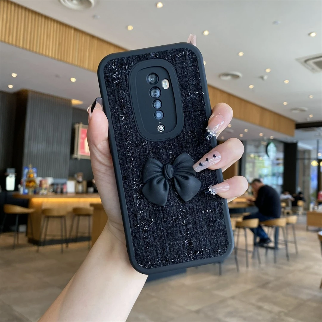 适用于OPPO Reno2-小胖妞针织蝴蝶结【黑色】全包防摔硅胶软壳
