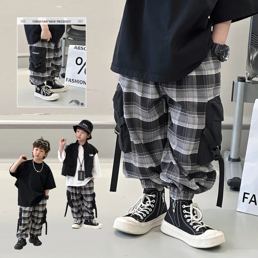 男童裤子2024自制新款儿童炸街格子裤百搭宽松工装裤TY02731