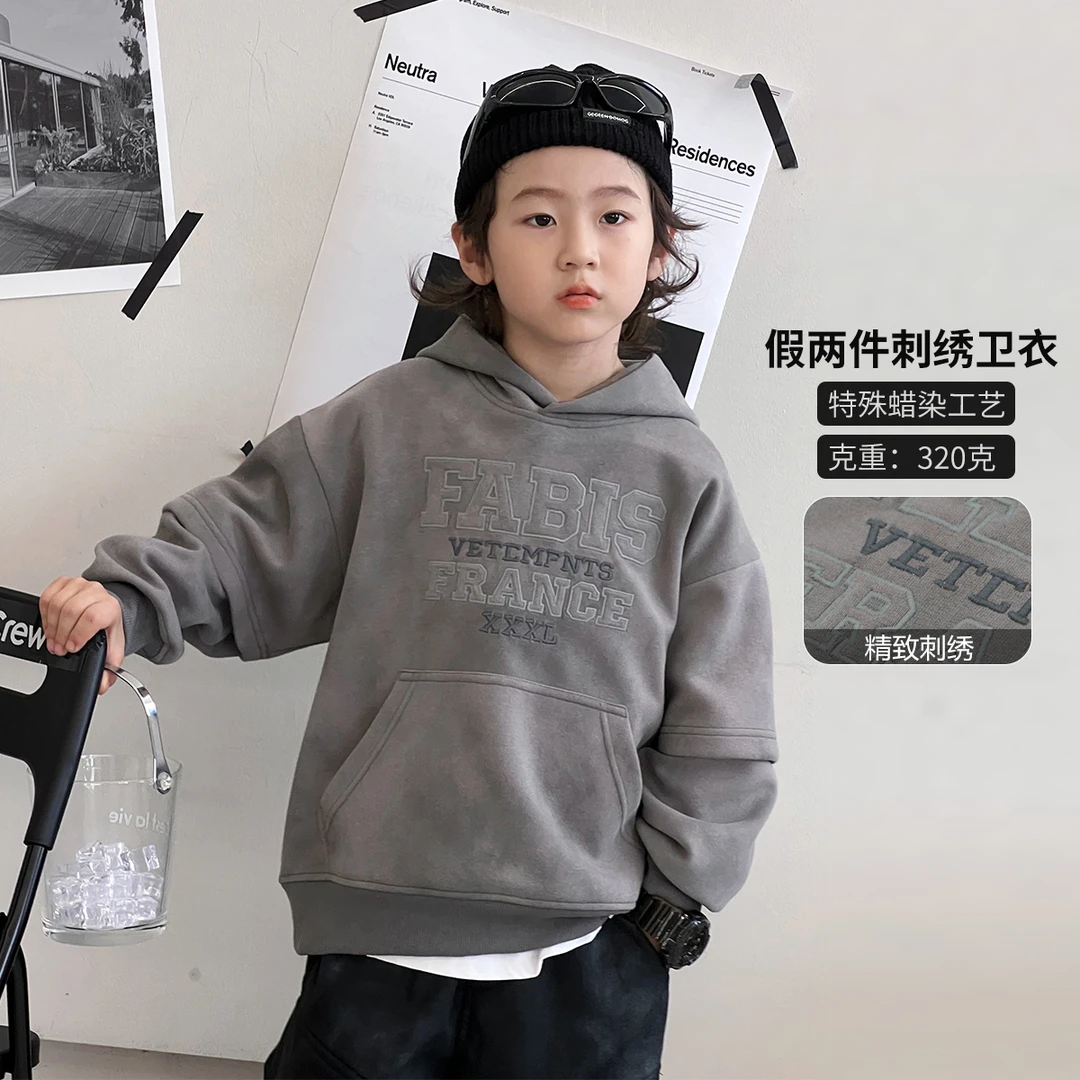男童卫衣秋季新款连帽刺绣中大童套头衫儿童假两件潮上衣Q222415