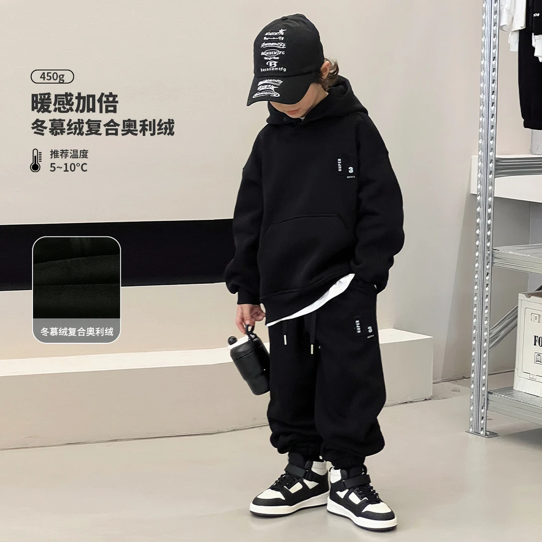 男童加绒运动套装冬季中大童连帽卫衣运动裤儿童两件套厚D2024D25