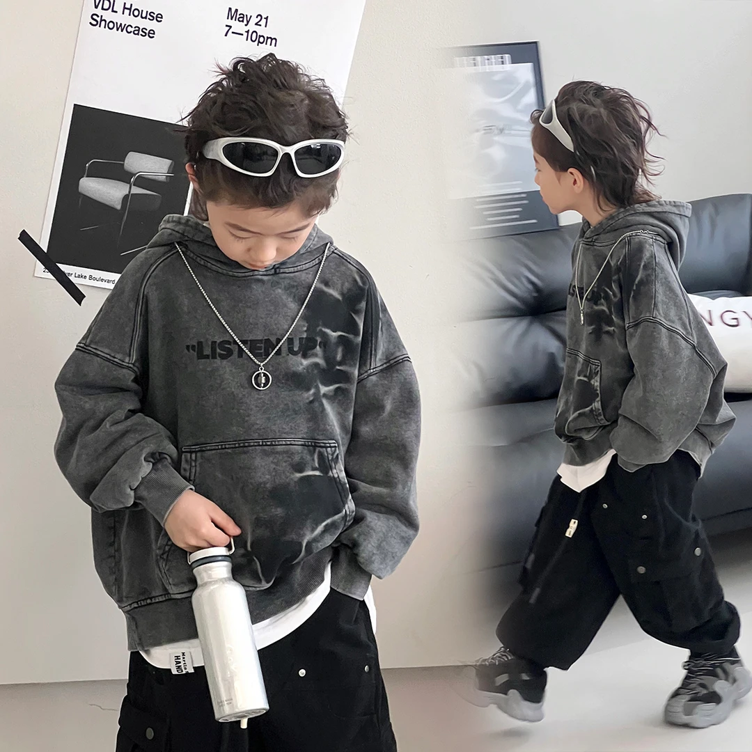 男童卫衣秋季新款做旧上衣洋气连帽男孩外套中大童套头衫YC68071