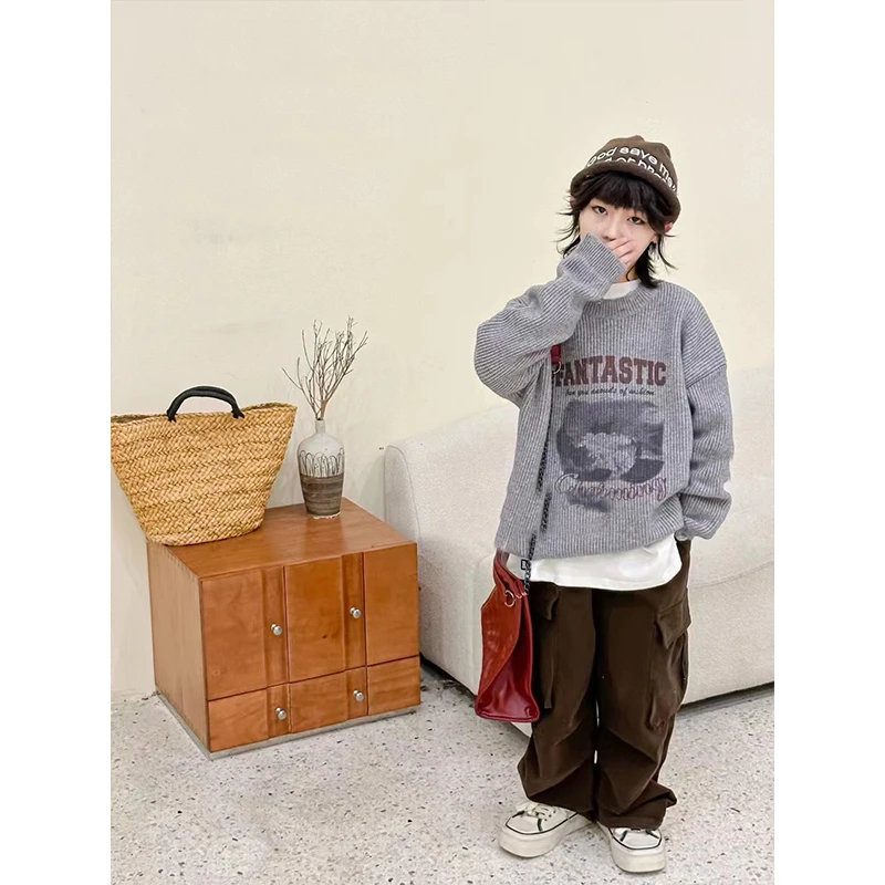 男童毛衣冬装新款中大童美式潮款帅气上衣儿童圆领针织衫酷26651