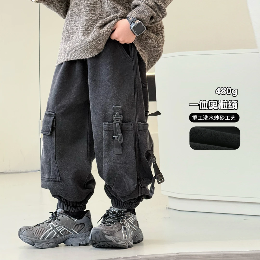 男童加绒裤子冬装新款工装裤儿童个性休闲裤潮童男孩老爹裤61989