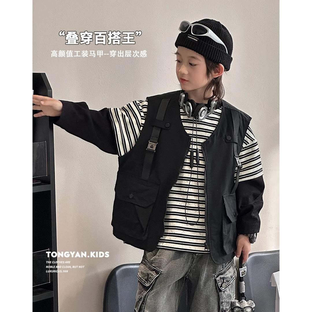 男童马甲2024春季新款高颜值帅气叠穿工装风潮酷外套儿童马夹072