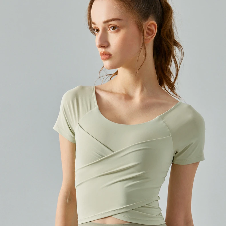 褶皱瑜伽短袖交叉瑜伽服T恤裸感显训练瘦健身上衣普拉提