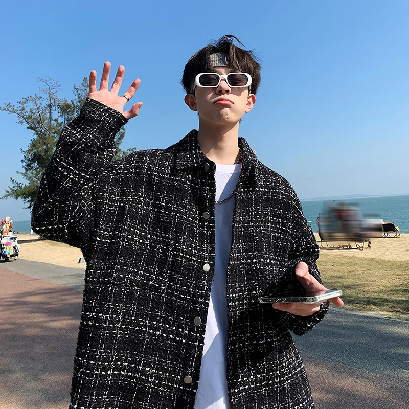 小香风外套男春秋宽松帅气潮牌格子夹克ins潮流港风休闲翻领上衣