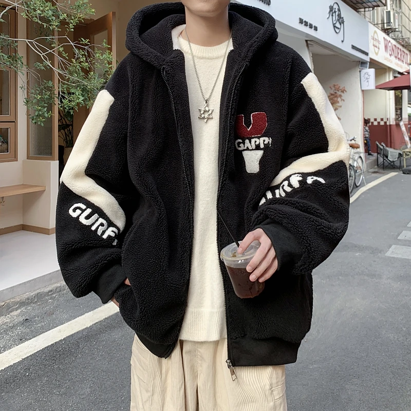青少年羊羔毛绒大码宽松外套男款冬季加绒厚连帽潮保暖晋江棉衣服