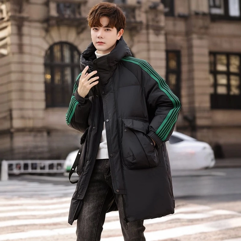 中长款羽绒服男保暖2025冬季新潮条纹高中学生抗寒加厚大码衣派克