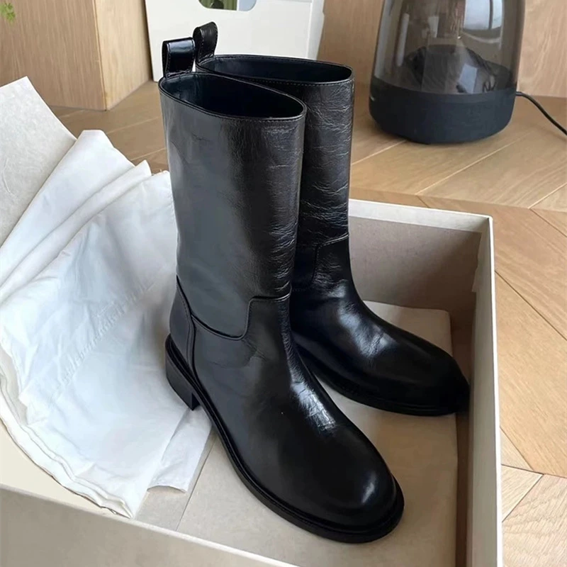 万达撤柜2025年秋冬新款复古宽筒中筒西部靴真皮马丁靴女短靴粗跟