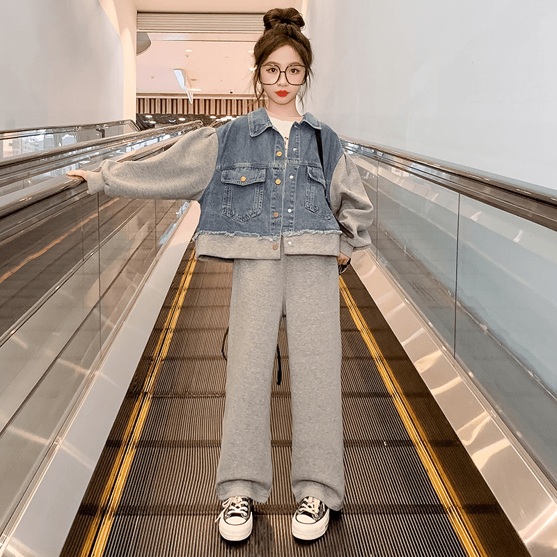 女童2024新款儿童洋气韩版中大童春秋网红时髦牛仔两件套-23Q206