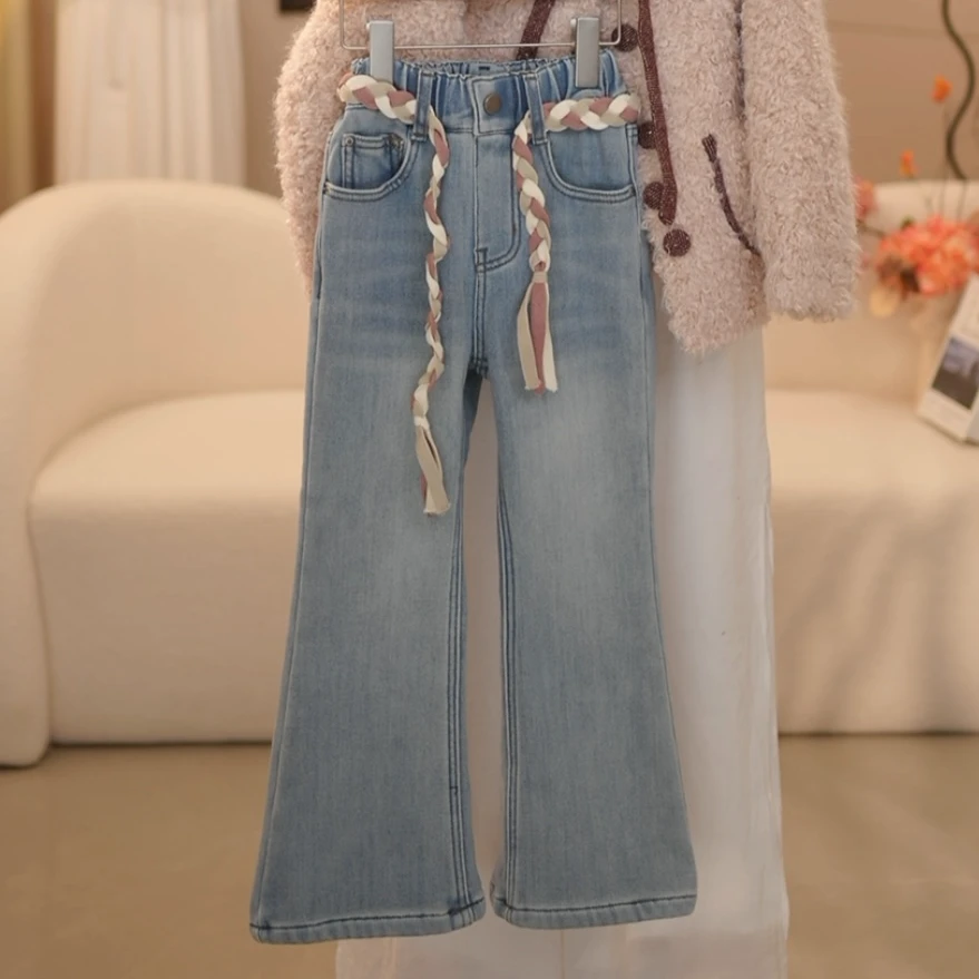 boboe/波波鹅女童2024秋冬加绒韩版百搭微喇牛仔裤--Y3445