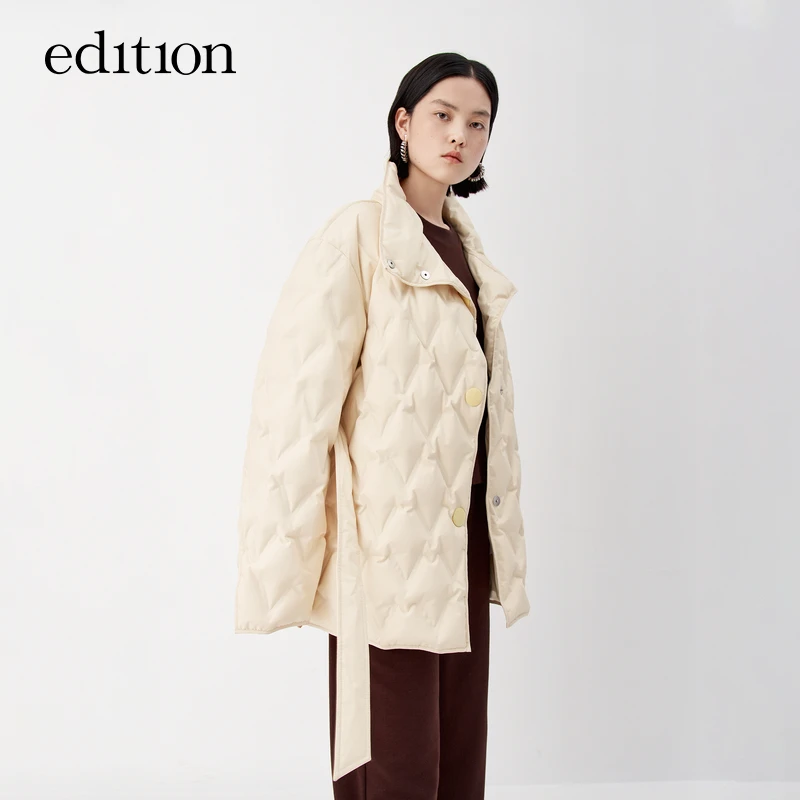 edition菱格纹翻领好羽绒服女冬款收腰短款鹅绒服外套#EBC3EINT08