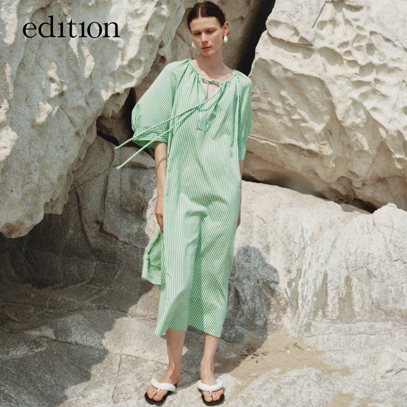 【商场同款】edition泡泡袖度假风绿白条纹衬衫连衣裙#EBD2DRST52