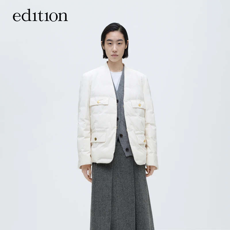 edition冬款时尚休闲羽绒服女米杏色无领短款鹅绒外套#EBC4EINT23