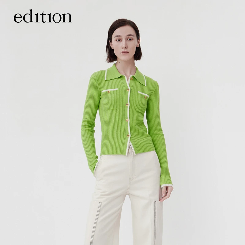 【商场同款】edition纯羊绒polo领针织衫女士撞色开衫#EBB4SWT017