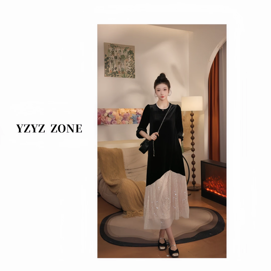 【钻石星空】【YZYZ】设计师款拼接亮片气质显瘦连衣裙