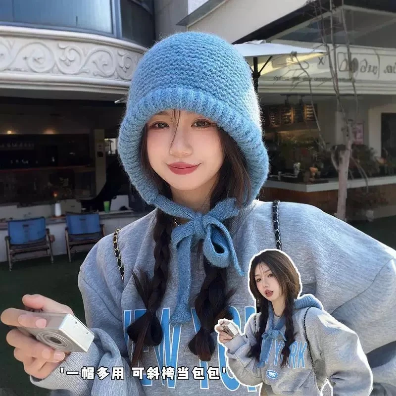 女赫本风慵懒绑带堆堆帽甜美2024秋冬新款保暖百搭毛线帽学生时尚