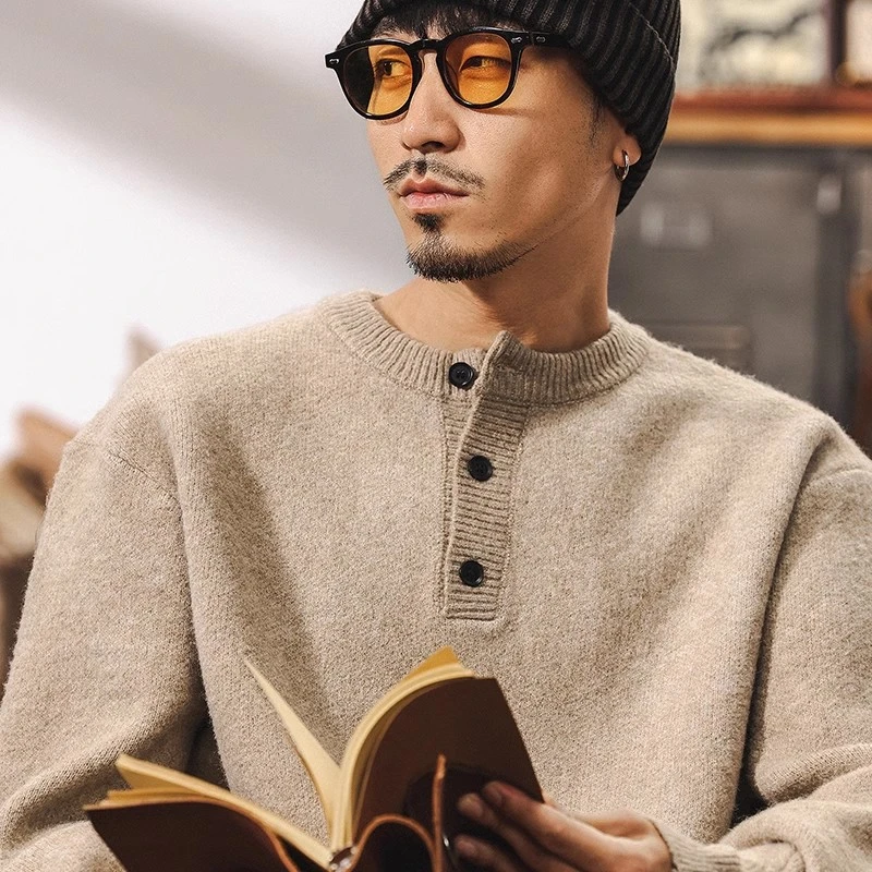 美式复古630g重磅绵羊毛衫男冬季亨利领毛衣加厚针织衫外套秋冬款